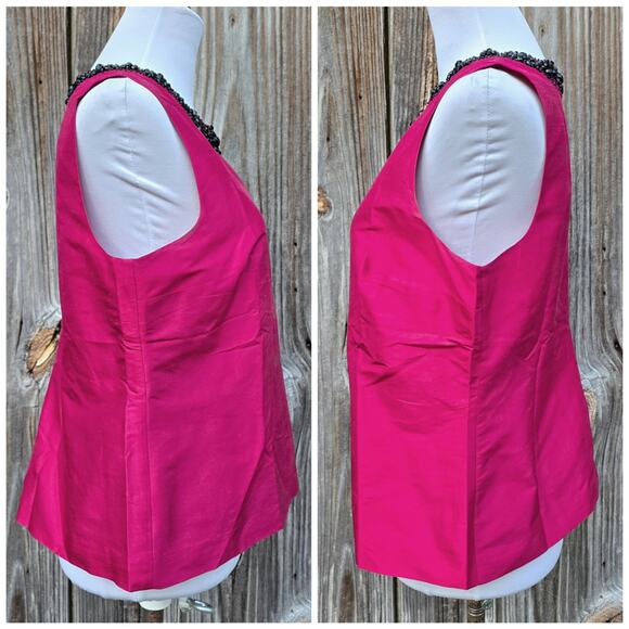 Pink Silk Blouse Talbots Size 12P Sleeveless Top Magenta Black Beaded Neckline - Picture 2 of 9